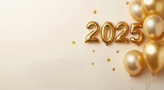 Festive celebration setup featuring gold balloons and 2025 decor for New Year festivities photo