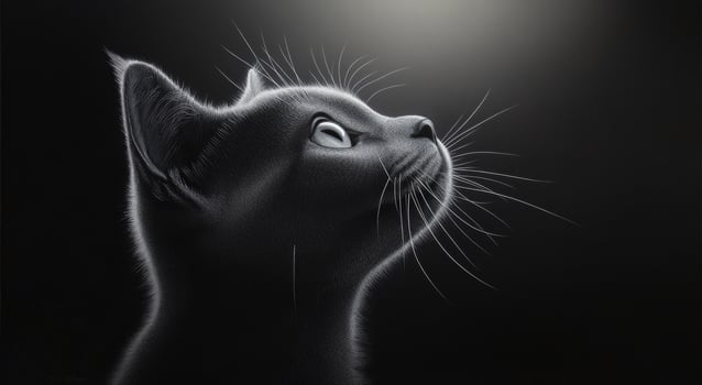 Grey cat gazes thoughtfully with illuminated profile against dark background photo