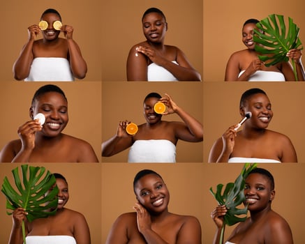Overweight black woman showcases her skincare routine by applying natural products, smiling joyfully. Various activities include holding citrus slices, using a leaf, and enjoying self-care moments. photo