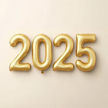 Gold balloons displaying the year 2025 against a neutral background for celebration decor photo