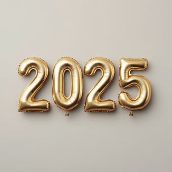 Gold balloons displaying the year 2025 against a neutral background for celebration decor photo