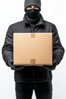 Delivery person in black attire holds a cardboard box against a plain background photo