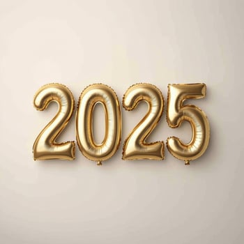 Gold balloons displaying the year 2025 against a neutral background for celebration decor photo