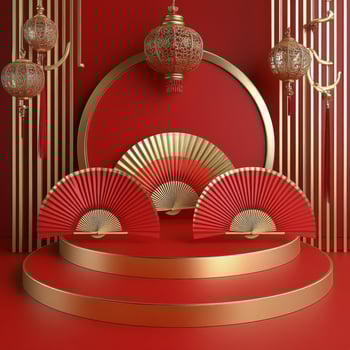 Elegant red and gold display featuring a traditional fan and decorative elements photo
