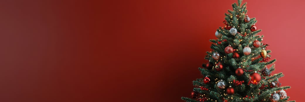 Festively decorated Christmas tree in a cozy indoor setting with a vibrant red backdrop photo