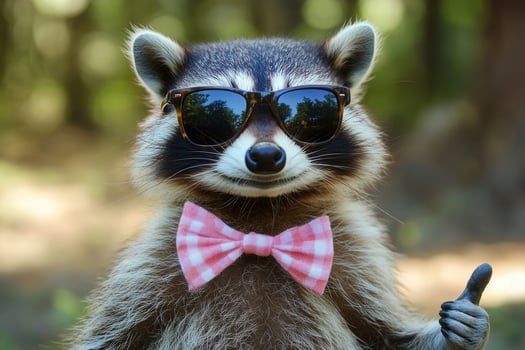 Raccoon wearing sunglasses and bow tie showing thumbs up photo