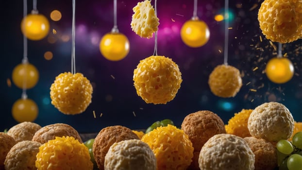 Colorful floating cheese balls with vibrant lights and textures in a playful arrangement. photo