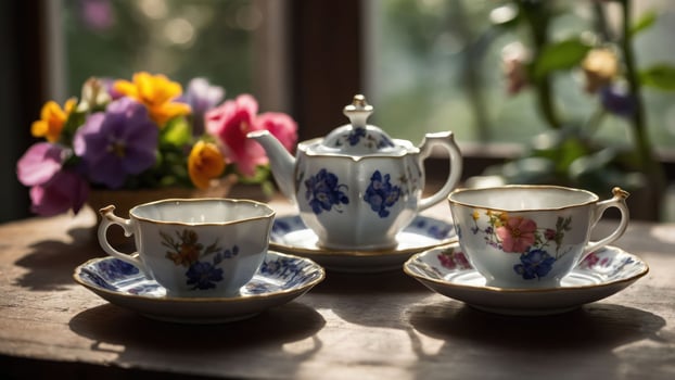 A delicate tea set with floral designs, accompanied by a vibrant bouquet of flowers. photo