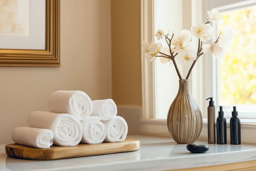 Elegant Spa Setting with Rolled Towels and Vase in Natural Light photo