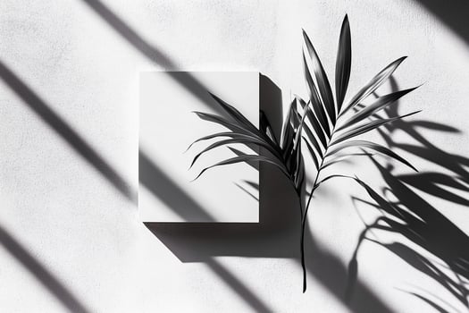 Modern Minimalist Design with Palm Leaf Shadows and Abstract Canvas photo
