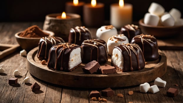 A tempting display of chocolate-covered marshmallow treats on a rustic wooden table. photo