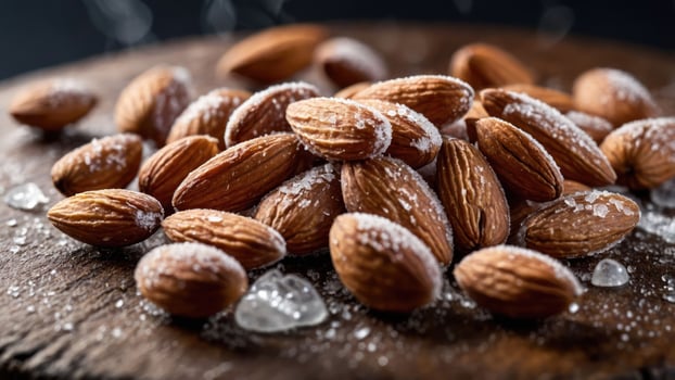 A close-up of salted almonds on a wooden surface, showcasing their texture and color. photo