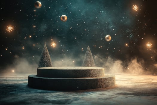 A Stone Podium Under a Starry Night Sky with Two Christmas Trees and Golden Ornaments photo