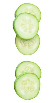 Top view set of green cucumber slices or pieces in stack isolated on white background with clipping path photo