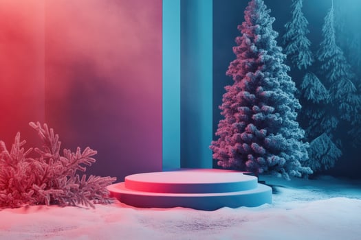 A Two-Tiered Platform in a Snowy Winter Scene with Red and Blue Lighting photo