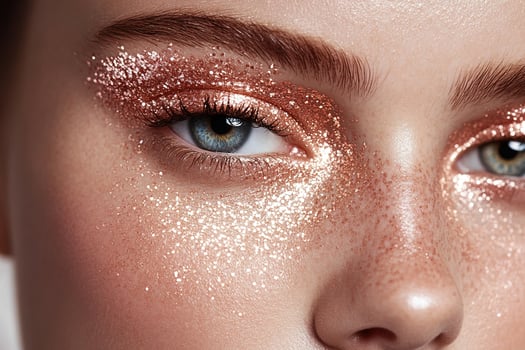 Luxury Beauty Portrait with Rose Gold Glitter Eye Makeup, Ethereal Shimmer Application and Crystal Blue Eyes photo