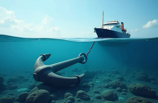 Ship yacht on surface of ocean water, sea anchor lies underwater photo