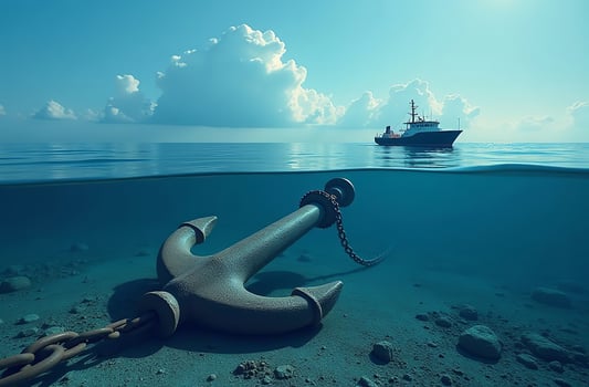 Ship yacht on surface of Beautiful ocean water, sea anchor lies underwater photo