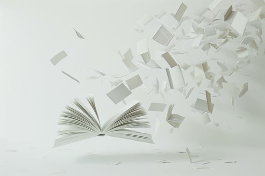 Modern and abstract artistic design featuring an open book with floating pages in a unique style photo