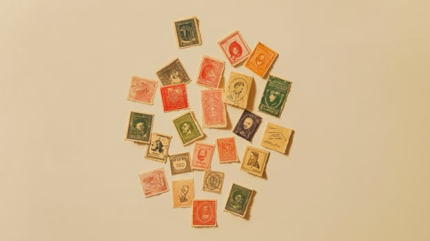 A Stunning Collection of Vintage Stamps Displayed on a Solid Light Background for Philately Enthusiasts and Collectors photo