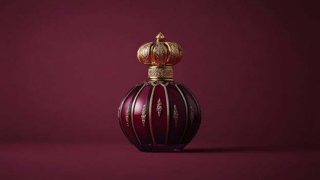 Elegant Vintage Perfume Bottle Displayed on a Solid Dark Burgundy Background for Photography and Design Usage photo