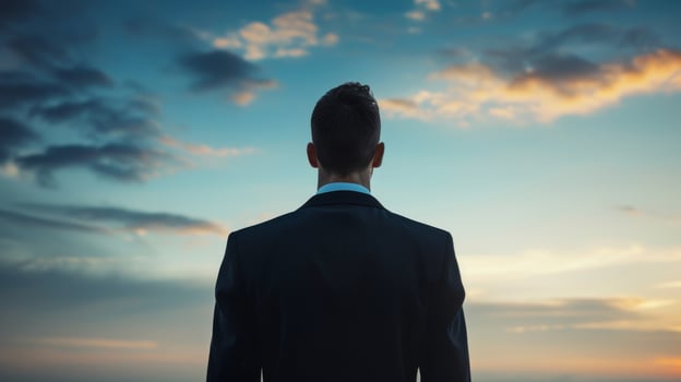 A businessman draws inspiration from sunset, fueling his professional ambitions photo