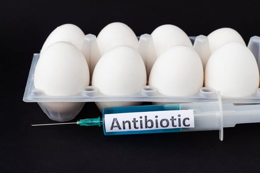Chicken eggs in a tray on a black background on which lies a syringe with an antibiotic label, close-up, black background photo