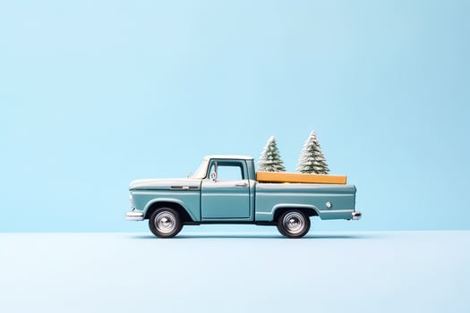 A small car adorned with gifts against a Christmas scene photo