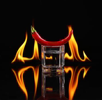 A red chili pepper is sitting in a glass with water photo