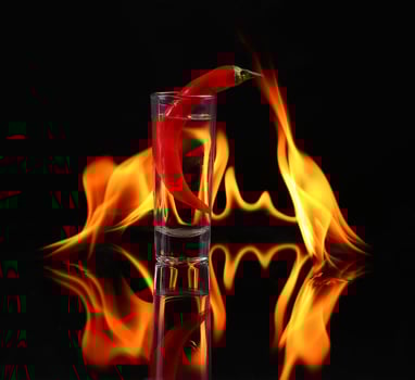 Hot chili pepper in a shot glass with flames photo