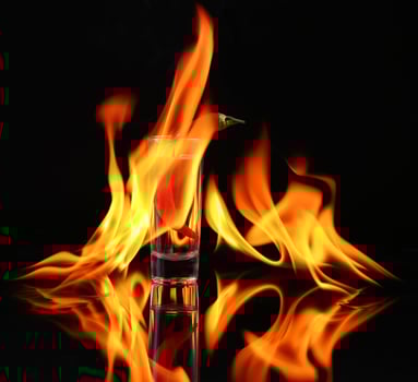 A glass with a red pepper in it on a black background photo
