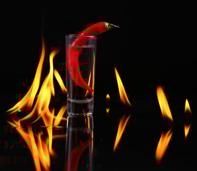 Hot chili pepper in a shot glass with a fire on a black background photo