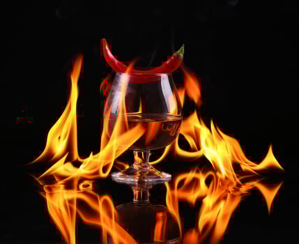 Hot chili pepper in a cognac ballon with a fire on a black background photo