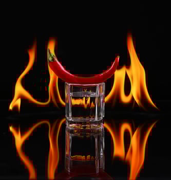 A red chili pepper is sitting in a glass with vodka photo