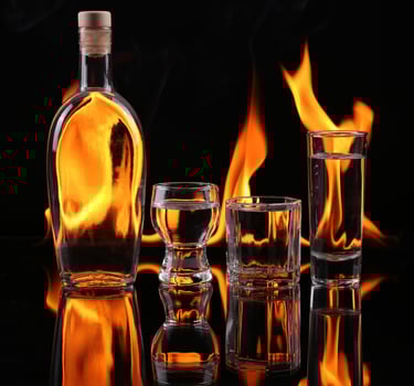 bottle of vodka, glass and shot glass photo