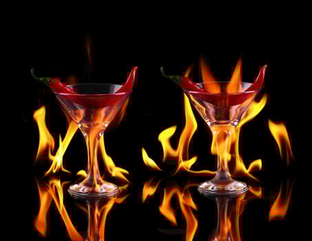 Hot chili pepper in a martini glasses with a fire on a black background photo