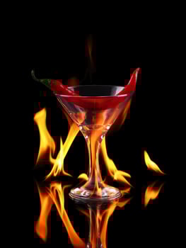 Hot chili pepper in a martini glass with a fire on a black background photo
