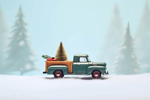 A small car delivering gifts on a festive Christmas background photo