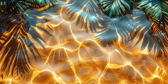 Tropical sunset reflecting on water with palm fronds creates a peaceful atmosphere photo