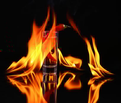 Hot chili pepper in a shot glass with fire on a black background photo