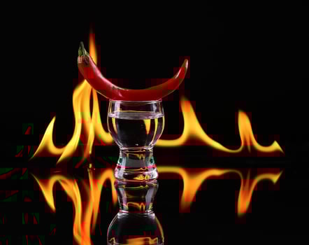 A red chili pepper is sitting on top of a shot glass over dark photo