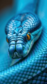 A close up of a blue snake with its head turned to the side photo