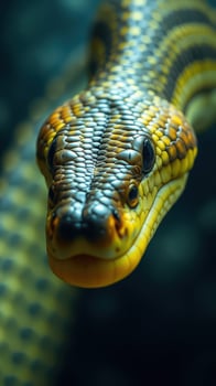 A close up of a yellow and black snake photo