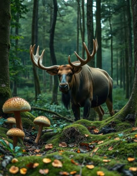 A moose stands in the middle of a forest photo