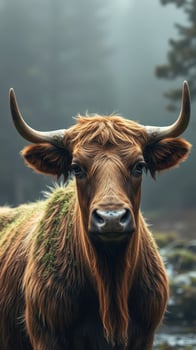 A brown cow with long horns standing in the fog photo