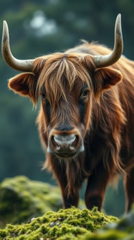 A brown cow with long horns standing on a green field photo