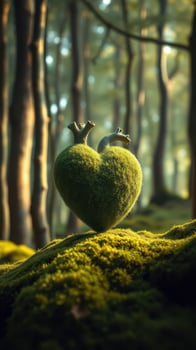 A heart shaped moss covered in trees in the forest photo
