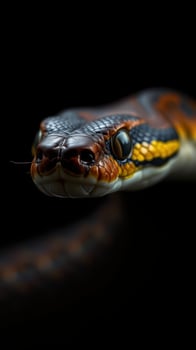 A close up of a snake's head on a black background photo