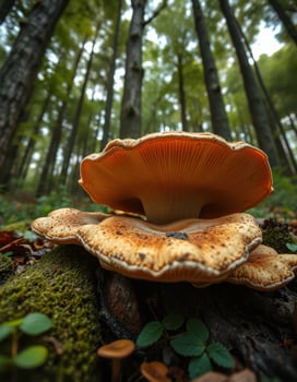 A mushroom on a tree stump in a forest photo