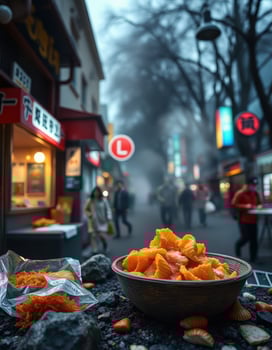 A bowl of food is sitting on the street photo